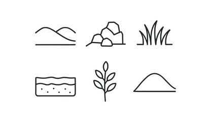 simple outline stroke icon isolated on white background: terrain rocky slope grassy patch soil base tree sprig hill rise