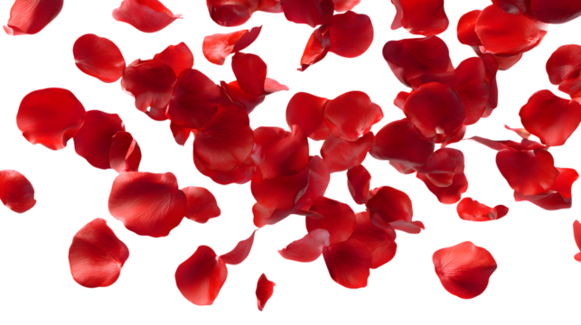 Scattered red rose petals isolated on a transparent background