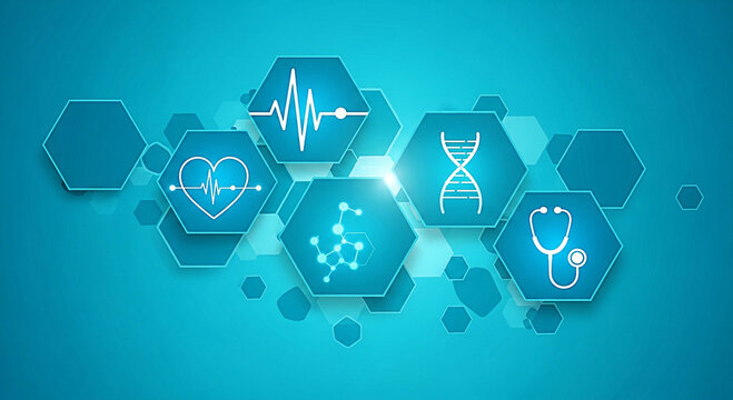 Medical healthcare technology background with dna heart beat and stethoscope icons concept design - Powered by Adobe