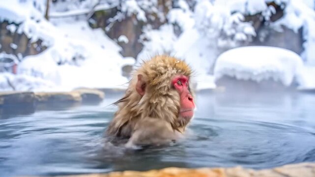 Snow monkey relaxing in hot spring