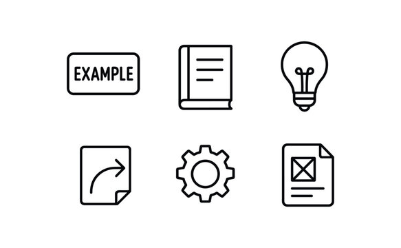 simple outline stroke icon isolated on white background: example book page light bulb arrow note gear icon draft sheet