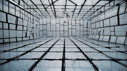 Abstract architectural background of a virtual reality chamber with a converging grid pattern on all surfaces, creating a futuristic sense of infinite digital space
