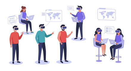 Diverse individuals engaged in virtual reality experiences, interacting with digital interfaces and world maps, showcasing modern technology and collaborative learning.