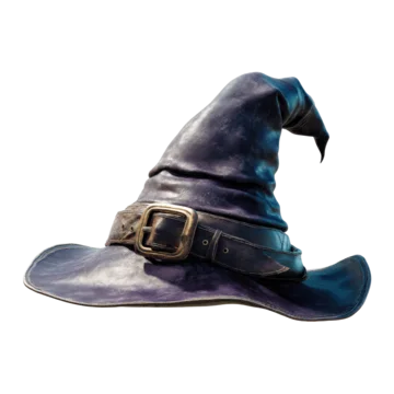 Classic black witch hat with shiny buckle on brim on transparent background