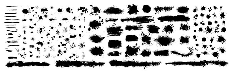 Set of blots. Splatter Paint Texture . Black Spray Blot of Ink. Place illustration Over any Object to Create Grungy Effect . hand drawn. Not AI, Vector.