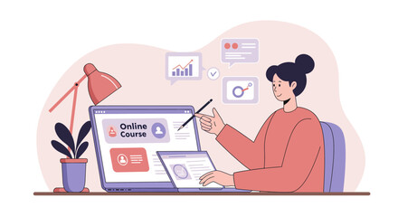 A young woman engages with an online course on her laptop and tablet, actively learning or teaching from her home office desk.