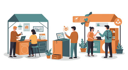 People visiting and interacting with vendors at modern trade show booths and market stalls.