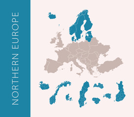 Northern Europe map with regions. Includes Iceland, Ireland, United Kingdom, Denmark, Norway, Sweden, Finland, Estonia, Latvia, Lithuania. High detail, vector on white background.