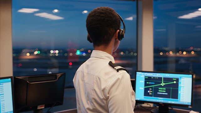 Air traffic controller monitors operations at night in a busy airport control center