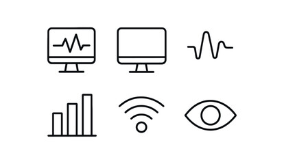simple outline stroke icon isolated on white background: monitoring screen icon wave line chart bars signal mark eye sign
