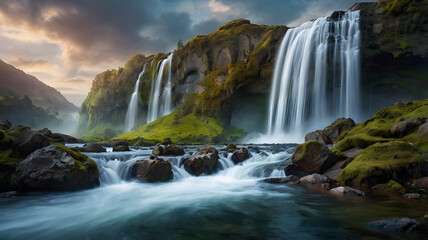Fototapeta premium A majestic cascade of water flows through a verdant, rocky landscape under a dramatic, cloudy sky, creating a scene of tranquil natural beauty