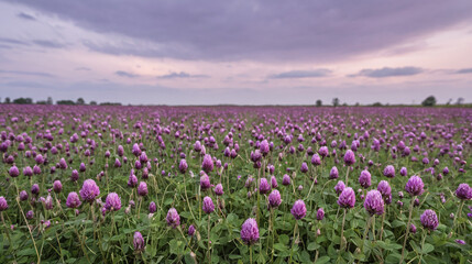 Close Up of Purple Clover Blossoms in a Field Under a Soft Sky