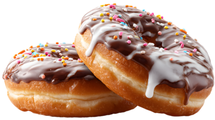 Chocolate frosted donuts with sprinkles isolated on a transparent background