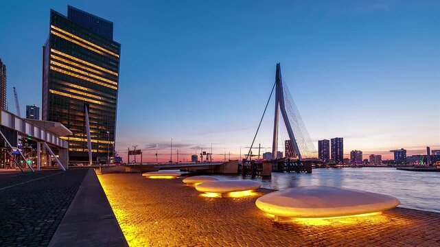 Modern Urban City Lights. Timelapse. Rotterdam, The Netherlands