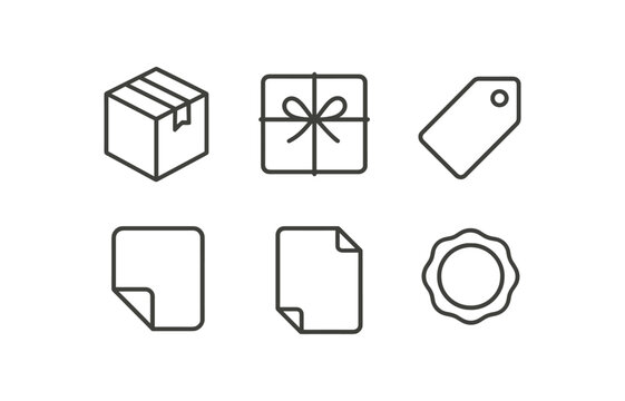simple outline stroke icon isolated on white background: package wrapped paper string tie label mark folded edges seal stamp