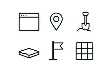 simple outline stroke icon isolated on white background: site map pin shovel mark ground patch flag post outline grid