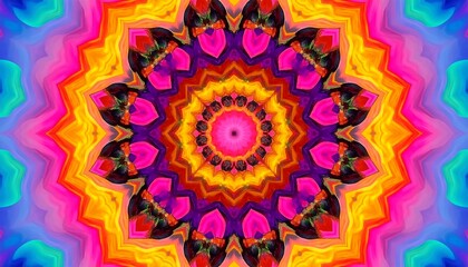 A vibrant, kaleidoscopic design features a symmetrical mandala pattern, radiating outward with a spectrum of brilliant colors, including pinks, purples, oranges, and yellows, creating a dazzling...