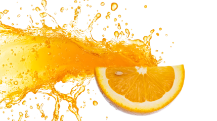 Orange juice splash with citrus slice isolated on a transparent background