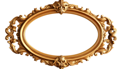 Ornate golden oval mirror frame isolated on a transparent background 