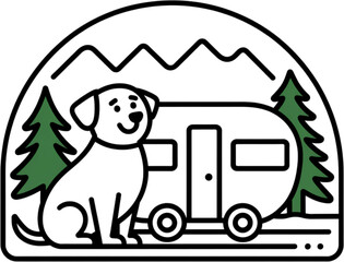 Adventure Companion: A charming illustration showcases a playful dog ready for adventure, standing beside a cozy camper van.