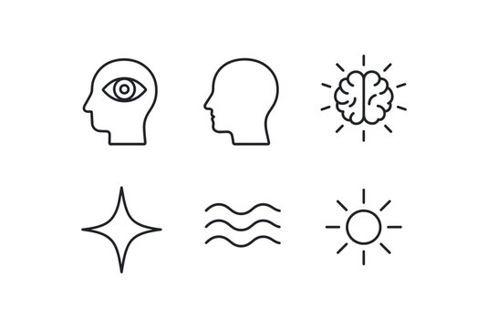 simple outline stroke icon isolated on white background: consciousness head profile brain glow spark wave lines aura mark