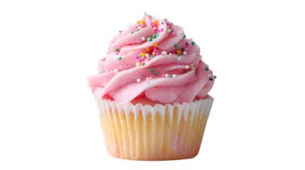 Pink frosted cupcake with sprinkles isolated on a transparent background