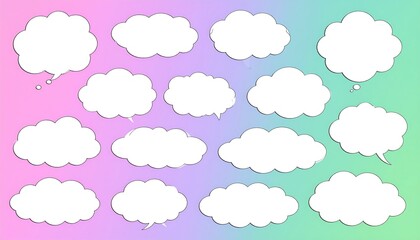 Diverse cloud shapes with cartoon outlines over pastel color background