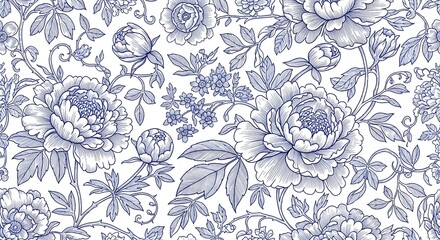 Seamless pattern of blue floral illustration with intricate details on a white background, evoking a classic toile de jouy style for textile or wallpaper design