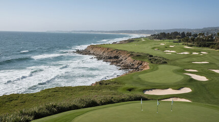 Obraz na płótnie Canvas Coastal Golf Course Landscape with Ocean Waves