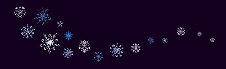 Merry Christmas and Happy New Year festive background win hand drawn crayon blue, shite and silver sow flakes on dark night evening background. Fancy snowflake swirl border. Snowfall whimsical wave