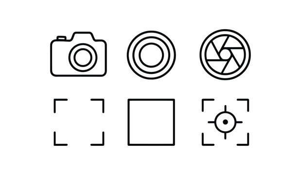 simple outline stroke icon isolated on white background: capture camera lens shutter click focus mark frame box dot