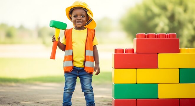 Joyful Young Black Child Dressed As Construction Worker Holding Plastic Hammer Beside Colorful Giant Building Blocks Outdoors Enjoying Creative Play and Early Learning Development