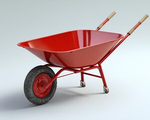 Vibrant red wheelbarrow with wooden handles on a light background