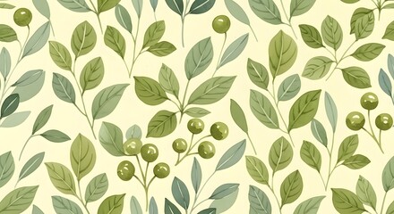 A charming seamless pattern featuring delicate green leaves and small berries on a soft yellow background, evoking a sense of natural beauty and simplicity