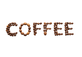 Coffee beans arranged to spell the word 'COFFEE' on a transparent background. The beans vary in size and color, showcasing their natural texture.