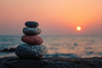Fototapeta premium Stacked stones at sunrise over calm ocean waves and warm sky
