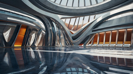 Expansive futuristic public hall featuring sleek, curvilinear architecture, reflective floors, and warm ambient light