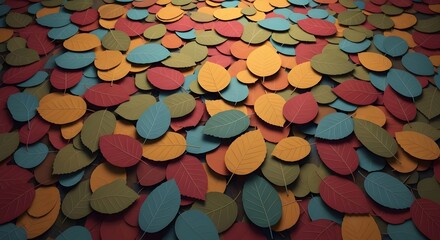 A vibrant and colorful collection of abstract, ovalshaped leaves scattered across a surface, showcasing a playful and artistic arrangement of autumn hues