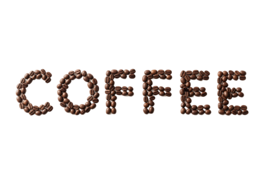 Word 'COFFEE' spelled with brown coffee beans on transparent background.