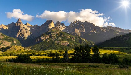 Naklejka premium A serene vista of a valley nestled amongst towering mountains, bathed in the golden light of a sunny day.