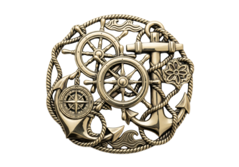 A decorative nautical emblem featuring ship wheels, an anchor, and ropes. The design is intricate and set against a transparent background.