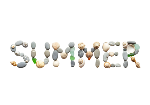 The word 'SUMMER' is formed using various seashells and pebbles on a transparent background. The arrangement showcases a beach theme with natural textures.