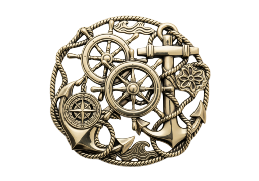 A decorative nautical emblem featuring ship wheels, an anchor, and ropes. The design is intricate and set against a transparent background.