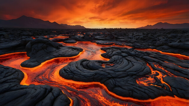 Molten River Fiery Landscape of Flowing Lava at Sunset in Iceland