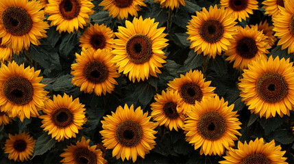 A large group of sunflowers, vibrant yellow flowers, with the bright and warm sunlight shining 