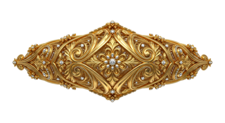 Ornate golden decorative element with intricate floral patterns and embedded gemstones on a transparent background.