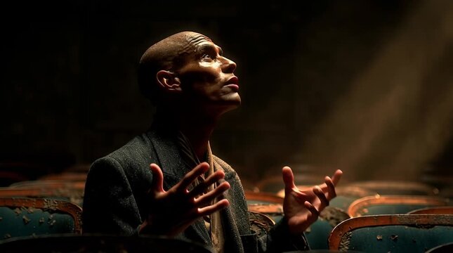 Man Looking Up with His Hands Raised in a Dark Room with Cinematic Lighting
