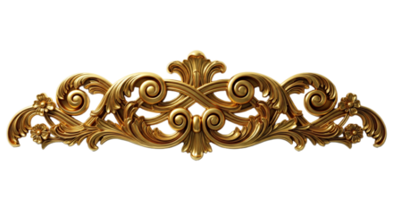 Ornate golden decorative element with intricate swirls and floral patterns on a transparent background.