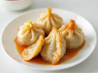 Close-up of five steamed dumplings on a white plate, drizzled with a savory sauce, showcasing their intricate shape and appetizing presentation.