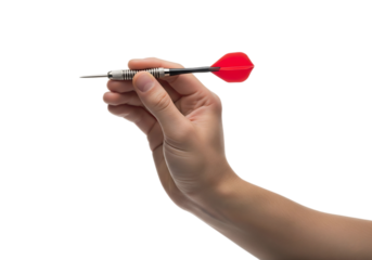 A hand holding a dart with a red flight. The background is transparent, emphasizing the dart and hand. Ideal for sports or game-related themes.